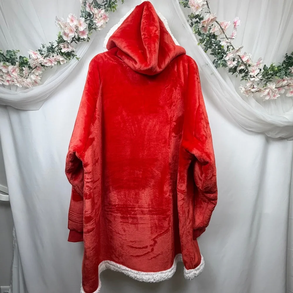 Red Sherpa Lined Oversized Wearable Blanket Hoodie Quarter Zip Fleece Pullover